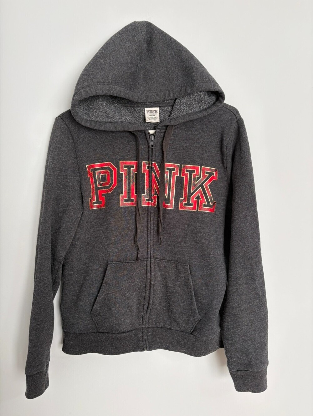 Pink Victoria's Secret Full Zip Gray Jacket Hoodie Plaid Red Logo Womens Medium
